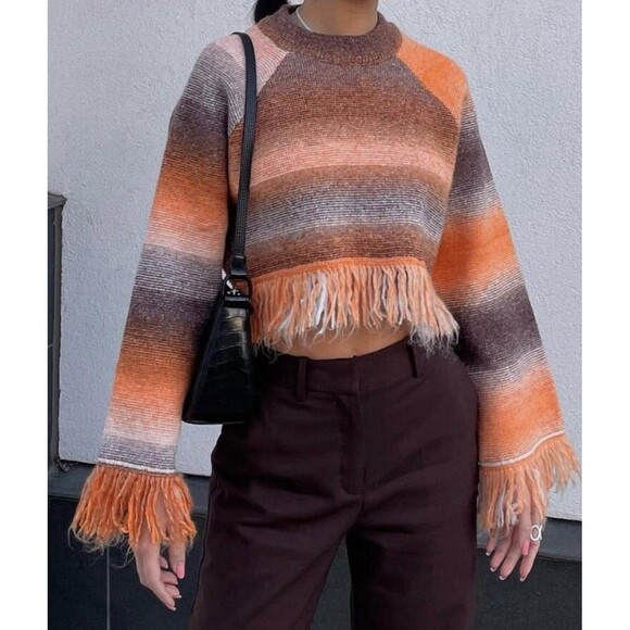 ZARA Boho Cropped Fringe Striped Pull Over Knit Sweater Brown Orange Size Small - Picture 7 of 10